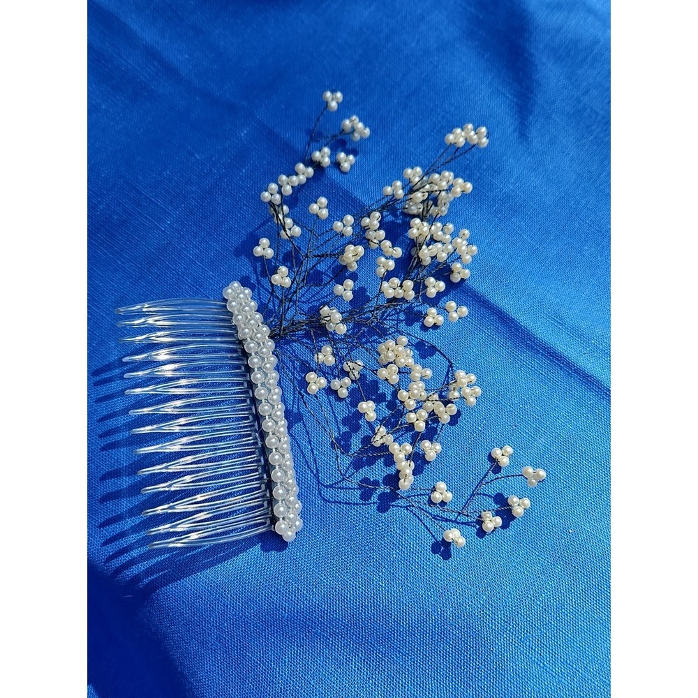 Vintage Pearl Spray Hair Comb Bridal Baby's Breath Whispy Headpiece Wedding Y2K